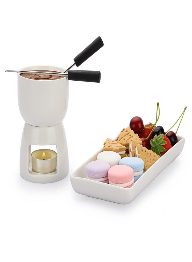 BSTKEY 150ML Ceramic Butter Warmer Set with Ceramic Rectangle Dish, Mini Fondue Pot Melting Pot Set, Melt Hot Pot Bowl Set For Cheese Chocolate Butter Caramel, with 2 Forks - Image 1