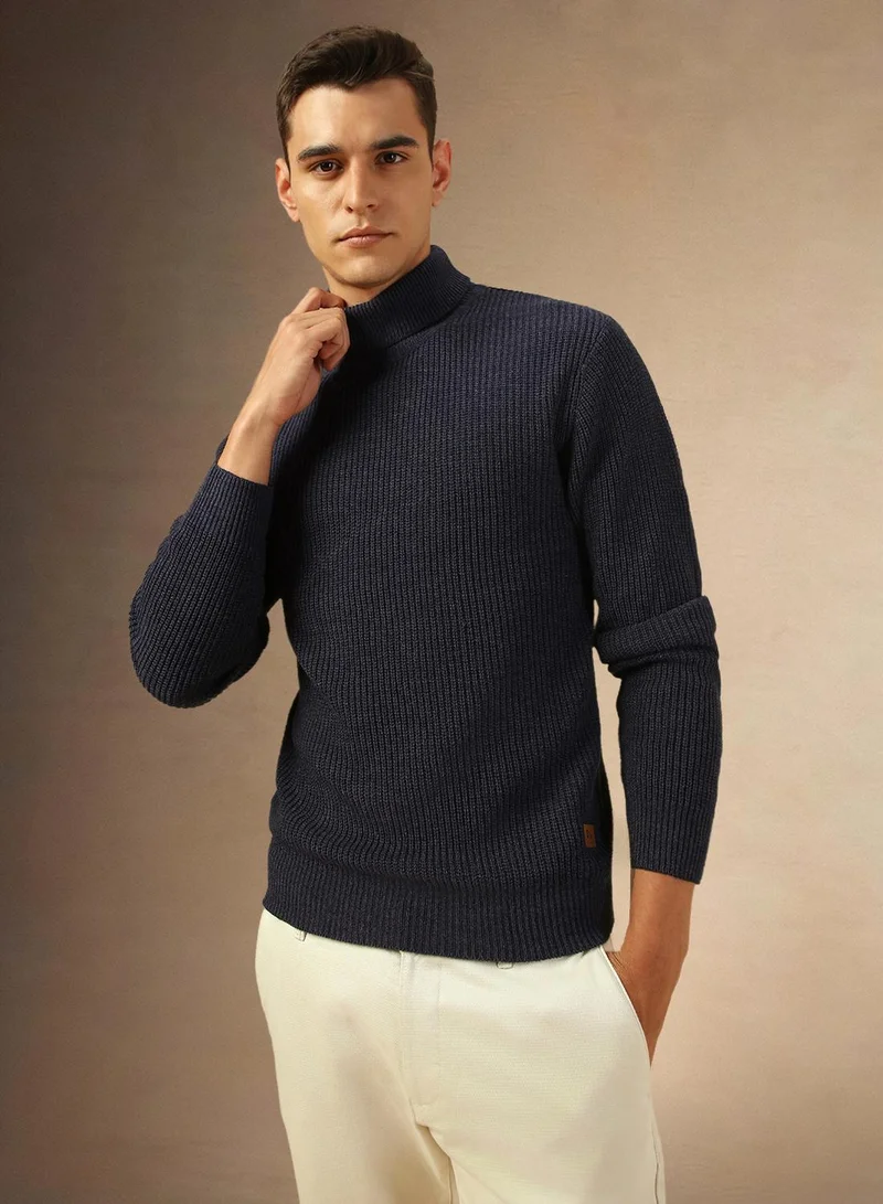 Dennis Lingo Men's Navy Melange 100% Acrylic Solid Regular Fit Sweater