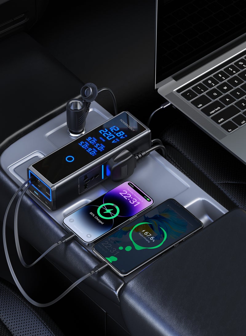 باورولوجي محول طاقة السيارة 300 واط / 220 فولت، مقابس تيار متردد مزدوجة / كابل قابل للسحب بطول 67 سم / شاحن هاتف للسيارة مع مروحة تبريد ذكية صامتة / توافق عالمي - Image 2