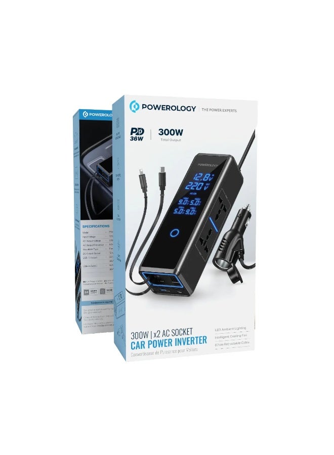 باورولوجي محول طاقة السيارة 300 واط / 220 فولت، مقابس تيار متردد مزدوجة / كابل قابل للسحب بطول 67 سم / شاحن هاتف للسيارة مع مروحة تبريد ذكية صامتة / توافق عالمي - Image 3