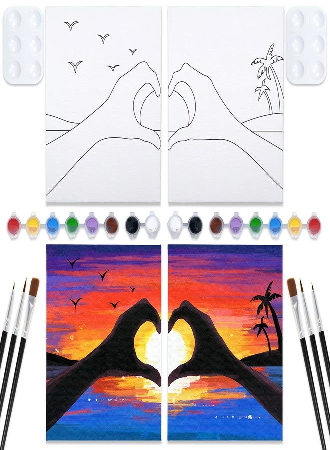 VOCHIC Sip and Paint Kit,Pre Drawn Canvas Couples Paint Party Kit Painting Art Set for Adults Date Night Sunset Heart 2 Pack (8 x 10 Inches) - Image 1