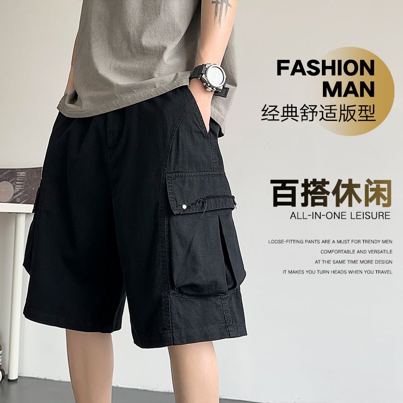 Washed Wide-Leg Trendy Brand Cargo Shorts 2025 Rivet Distressed Pocket Pure Cotton Knee-Length Shorts - Image 3