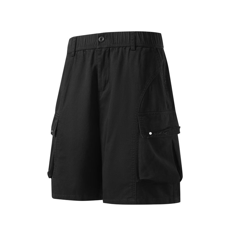 Washed Wide-Leg Trendy Brand Cargo Shorts 2025 Rivet Distressed Pocket Pure Cotton Knee-Length Shorts - Image 1