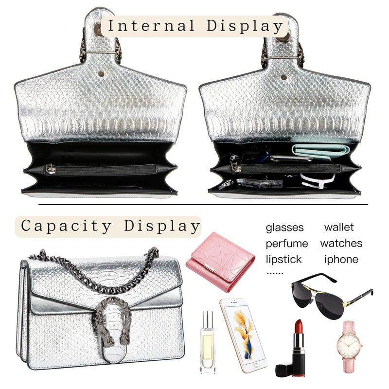 DEEPMEOW Crossbody Shoulder Evening Bag for Women - Leather Messenger Bag Chain Strap Clutch Small Square Satchel Purseï¼ˆSilverï¼‰ - Image 5