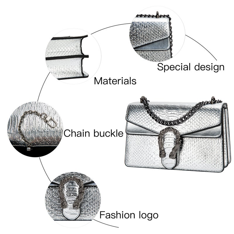 DEEPMEOW Crossbody Shoulder Evening Bag for Women - Leather Messenger Bag Chain Strap Clutch Small Square Satchel Purseï¼ˆSilverï¼‰ - Image 4