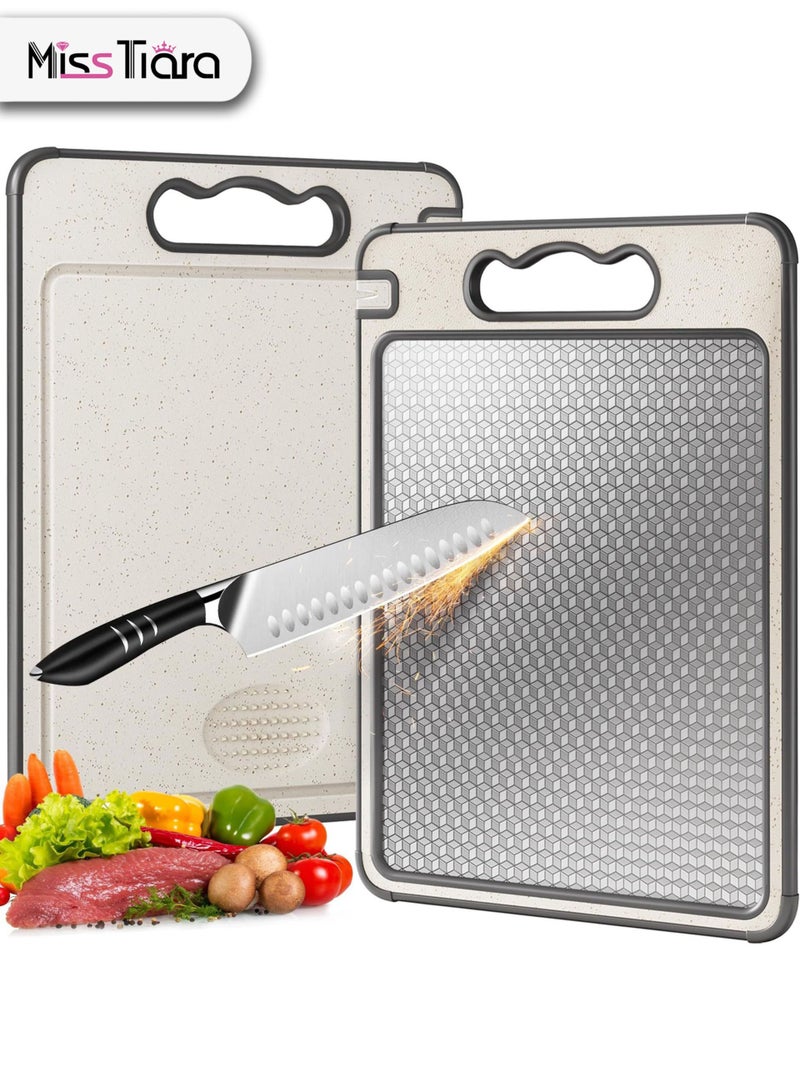 MissTiara لوح تقطيع، لوح تقطيع مع كتلة شحذ، لوح تقطيع من الفولاذ المقاوم للصدأ 304 للحوم، الجبن، الخضار والفواكه مع مقبض سهل الإمساك، من قش القمح pp، غير قابل للانزلاق، استخدام مزدوج الجانبين (36*25 سم) - Image 1