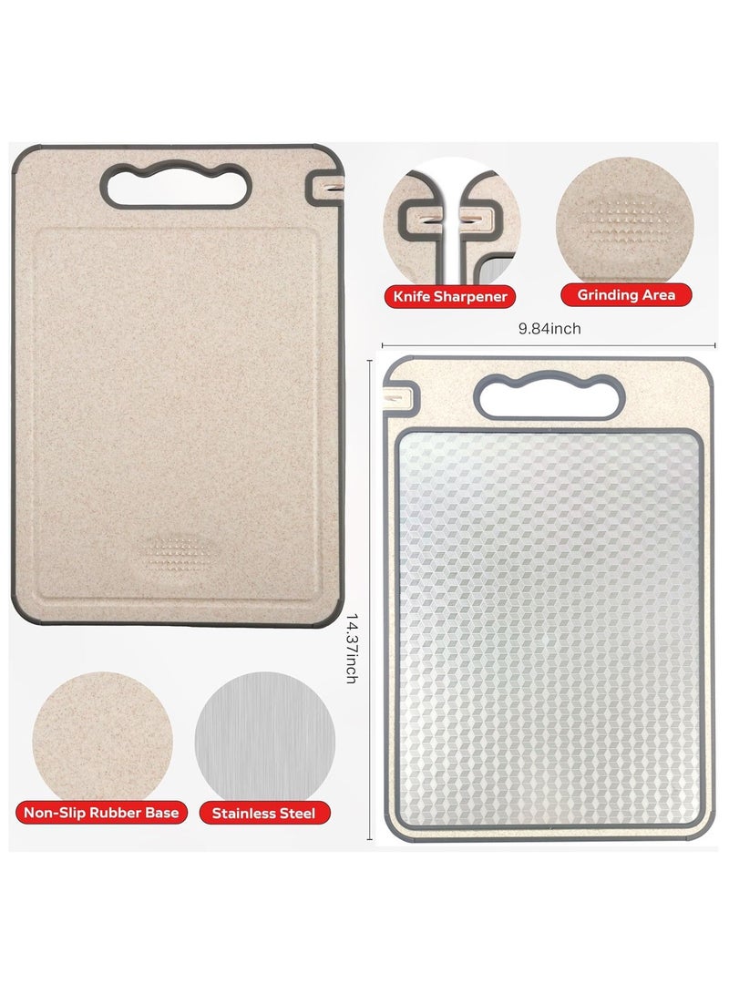 MissTiara لوح تقطيع، لوح تقطيع مع كتلة شحذ، لوح تقطيع من الفولاذ المقاوم للصدأ 304 للحوم، الجبن، الخضار والفواكه مع مقبض سهل الإمساك، من قش القمح pp، غير قابل للانزلاق، استخدام مزدوج الجانبين (36*25 سم) - Image 2