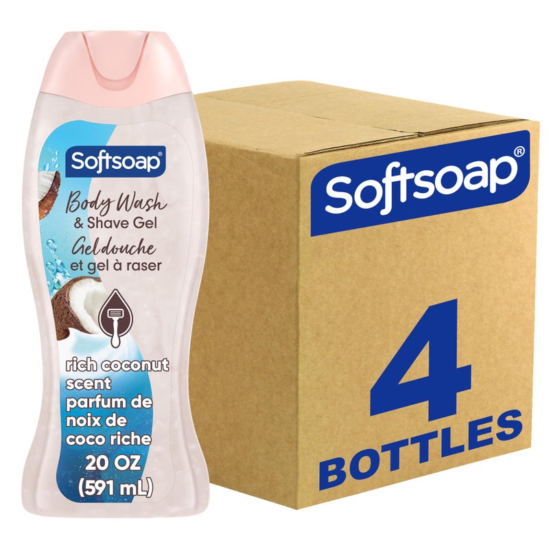 Softsoap Moisturizing Body Wash and Shave Gel, Rich Coconut Scent, 20 fl oz Bottle (Pack of 4) - Image 1