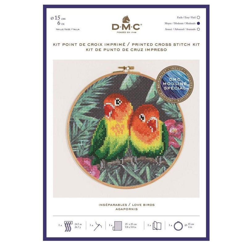 DMC Love Birds Cross Stitch Kit Includes Embroidery Threads Needle Wooden Drum and Instructions