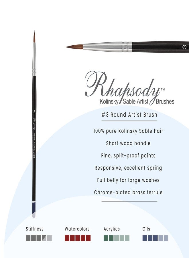 Creative Mark Rhapsody Kolinsky Sable Brushes for Professional Watercolorists - Round # 3 Excellent Spring, Full Belly, Split-Proof Points, Chrome Ferrules, Short Handle, English Sizing - Image 2