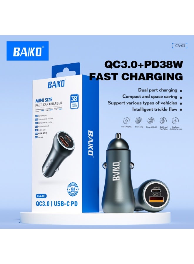 BAIKO CA03-IOS Superior Fast Car Charger with QC3.0 & PD 3.0 Fast Charging, Dual USB-A + USB-C Ports, LED Light Car Adapter for iPhone, Smartphones & Tablets - Image 1