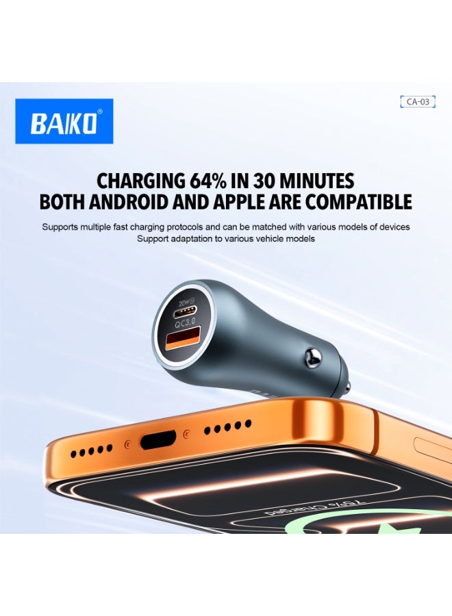 BAIKO CA03-IOS Superior Fast Car Charger with QC3.0 & PD 3.0 Fast Charging, Dual USB-A + USB-C Ports, LED Light Car Adapter for iPhone, Smartphones & Tablets - Image 3