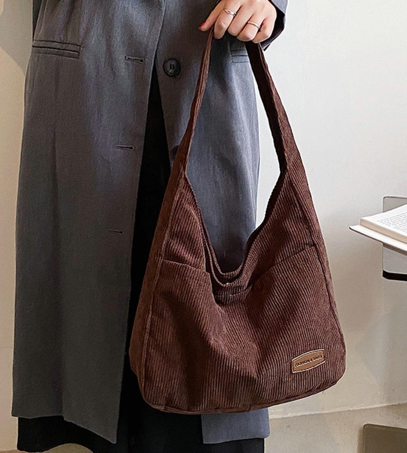 Tellrain Corduroy Tote Bag Unisex Retro Handbag Multi Pocket Shoulder Work College Satchel Compartment Messenger Purse - Image 2