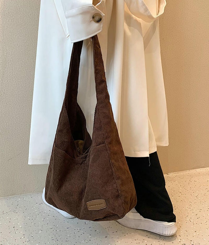 Tellrain Corduroy Tote Bag Unisex Retro Handbag Multi Pocket Shoulder Work College Satchel Compartment Messenger Purse - Image 3