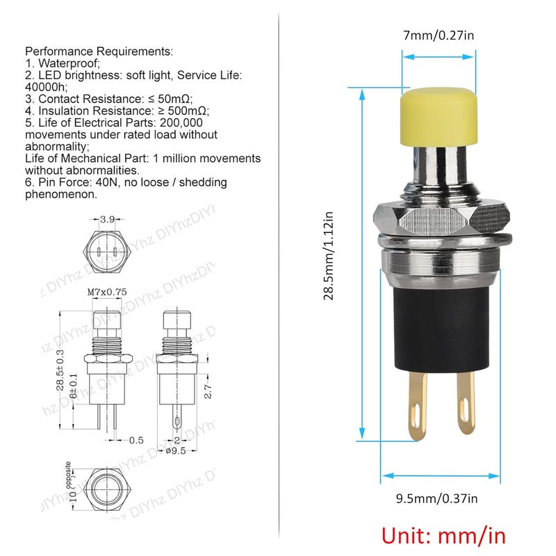 DIYhz 5Pcs Self Locking SPST Latching Type Dash ON/Off Yellow Push Button Switch AC 250V/3A - Image 3