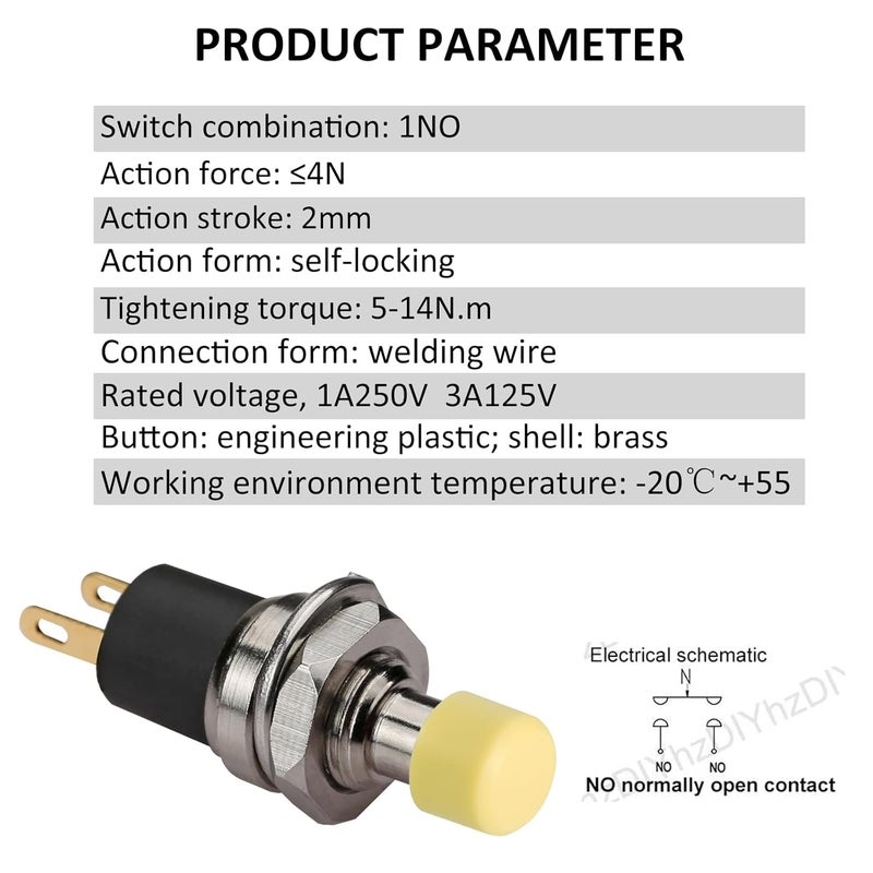DIYhz 5Pcs Self Locking SPST Latching Type Dash ON/Off Yellow Push Button Switch AC 250V/3A - Image 2