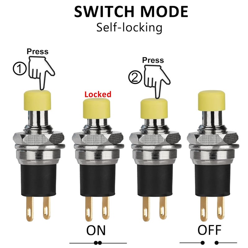 DIYhz 5Pcs Self Locking SPST Latching Type Dash ON/Off Yellow Push Button Switch AC 250V/3A - Image 4