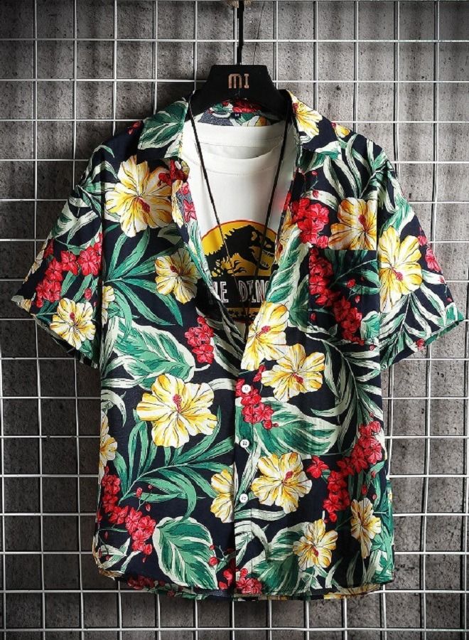 NIBEMINENT Men's Beach Floral Casual Loose Shirt 