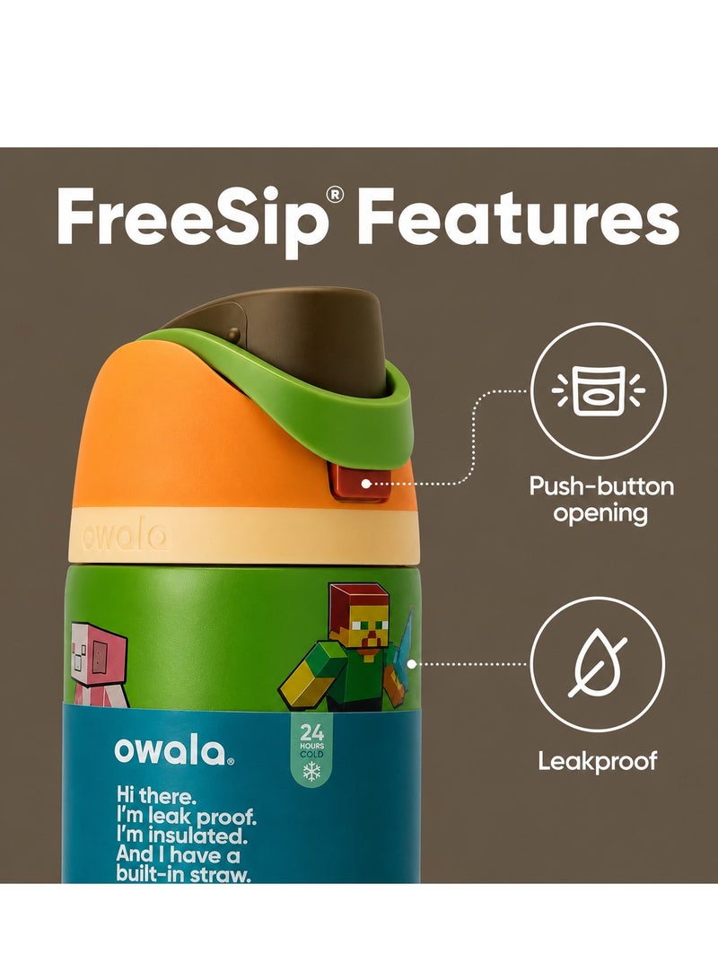 32 OZ. 945 ML OWALA Minecraft FreeSip Insulated Stainless Steel Insulated Sports Water Bottle. Green with Print - Image 3