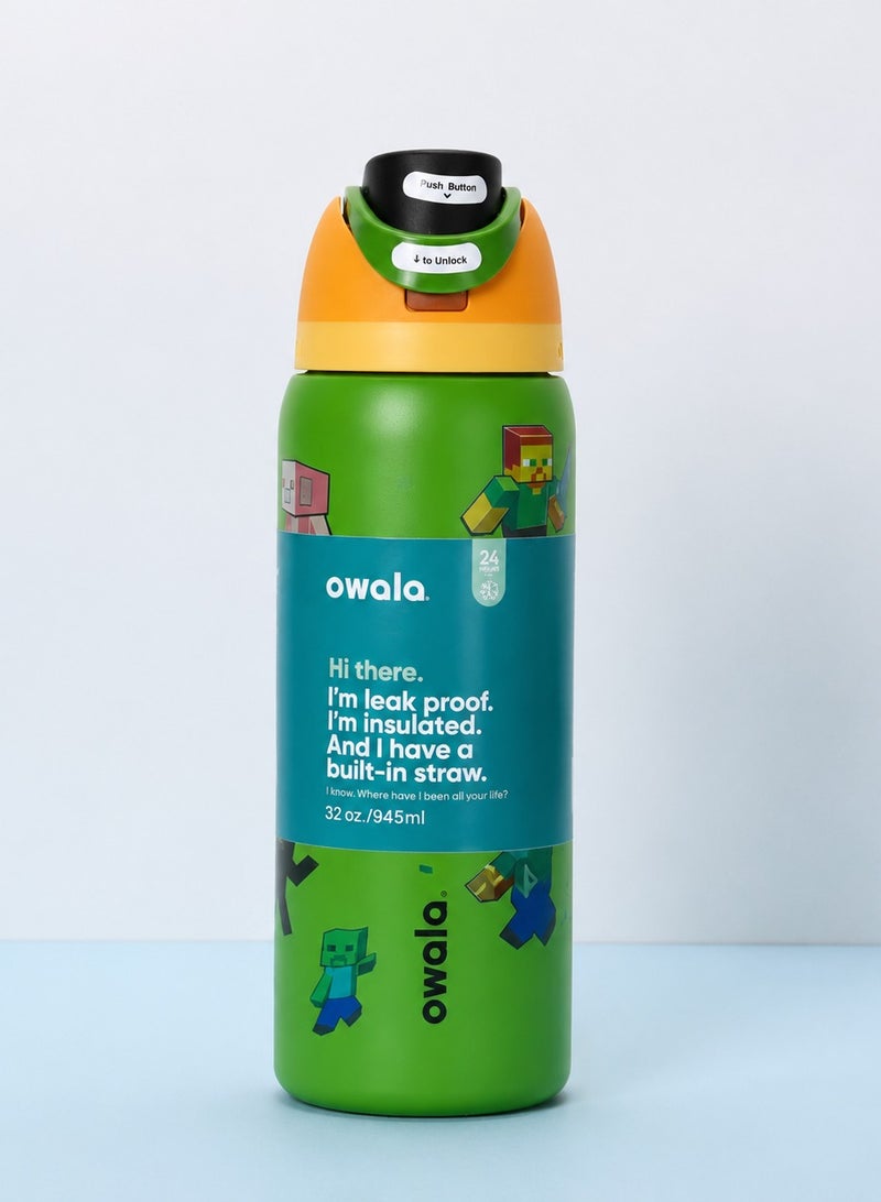 32 OZ. 945 ML OWALA Minecraft FreeSip Insulated Stainless Steel Insulated Sports Water Bottle. Green with Print - Image 4
