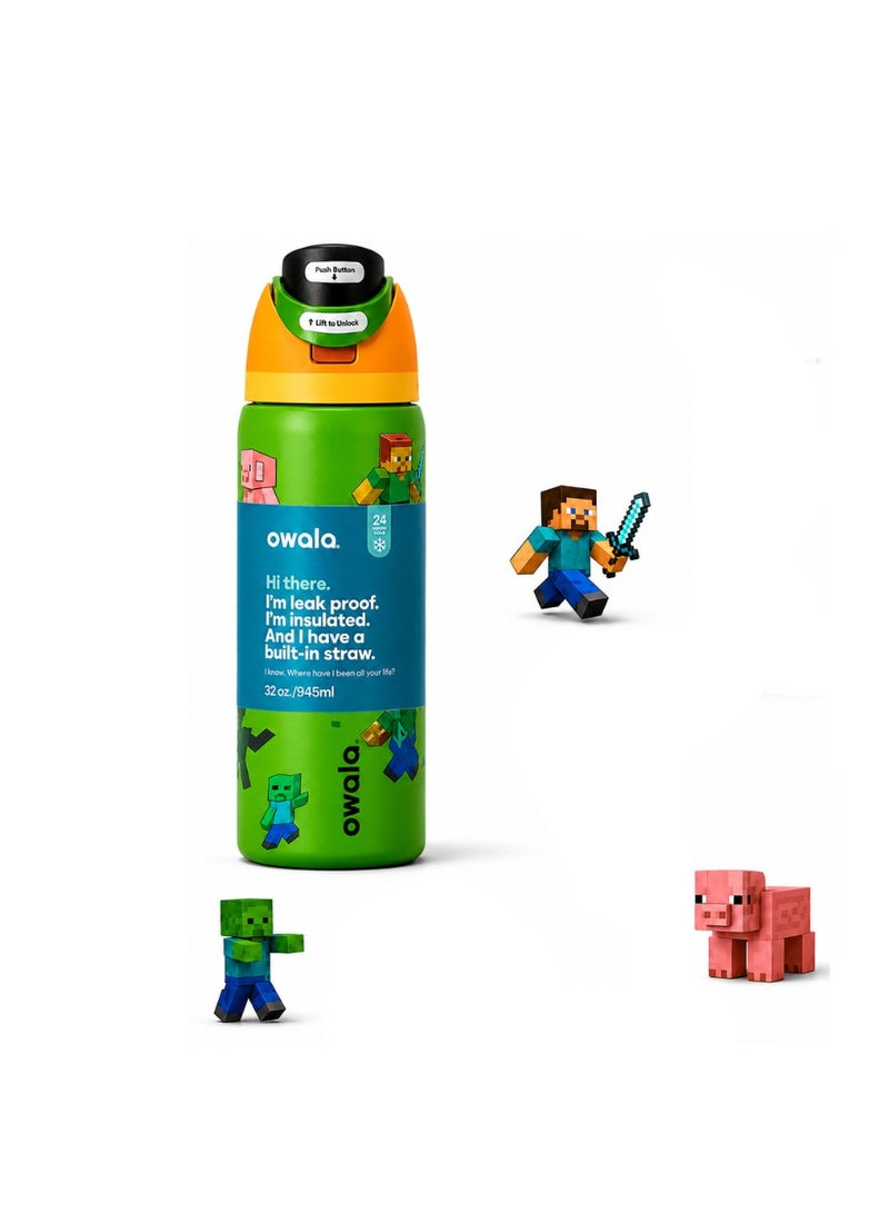 32 OZ. 945 ML OWALA Minecraft FreeSip Insulated Stainless Steel Insulated Sports Water Bottle. Green with Print - Image 1