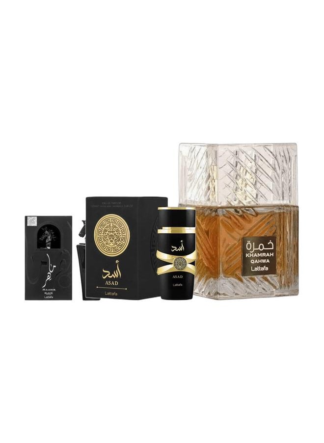 Lattafa Maahir Black Edition EDP 100ml, Asad For Men Eau De Parfum 100ml, and KHAMRAH QAHWA EDP 100ML  - Image 1