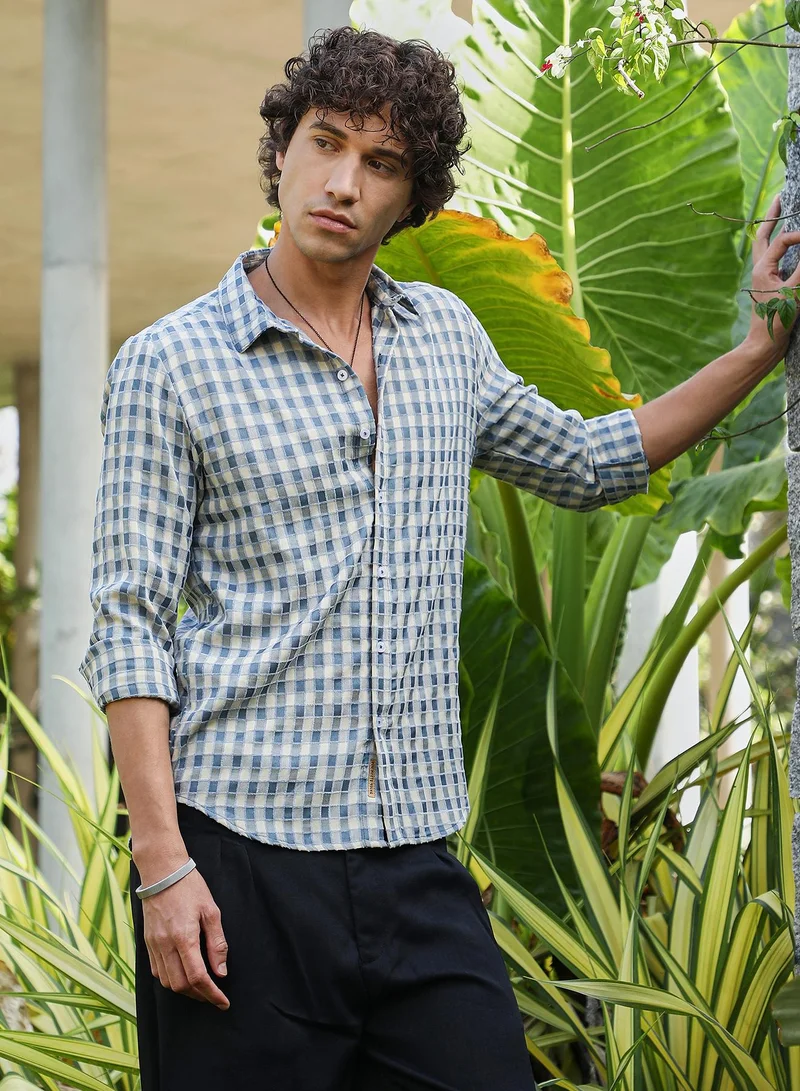 كامبوس سوترا قميص كاروهات رجالي أزرق فولاذي وكريمي