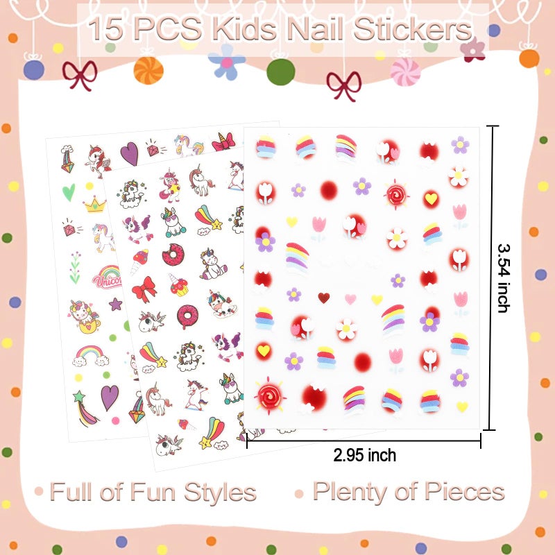 Allstarry Nail Stickers for Kids, 15 Sheets Kids Nail Stickers for Girls Self-Adhesive Nail Decals Cute Animal Rainbow Flower Heart Star Unicorn Sticker Birthday Christmas Gift - Image 2