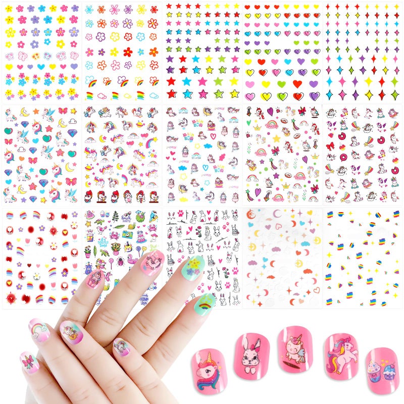 Allstarry Nail Stickers for Kids, 15 Sheets Kids Nail Stickers for Girls Self-Adhesive Nail Decals Cute Animal Rainbow Flower Heart Star Unicorn Sticker Birthday Christmas Gift - Image 1