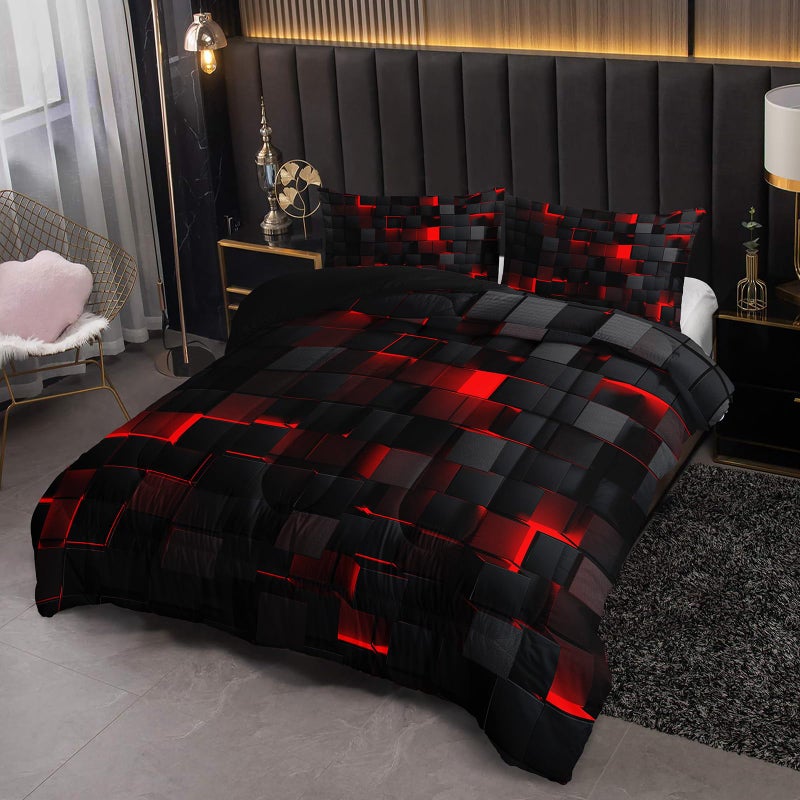 Nttopship Neon Red Black Comforter Set Full Geometric Kids Bedding Set,3 PCS Geometry Honeycomb Bed Set Modern Quilt Set 1 Comforter 2 Pillow Cases Cool Room Decor All Season B-Side Black - Image 4