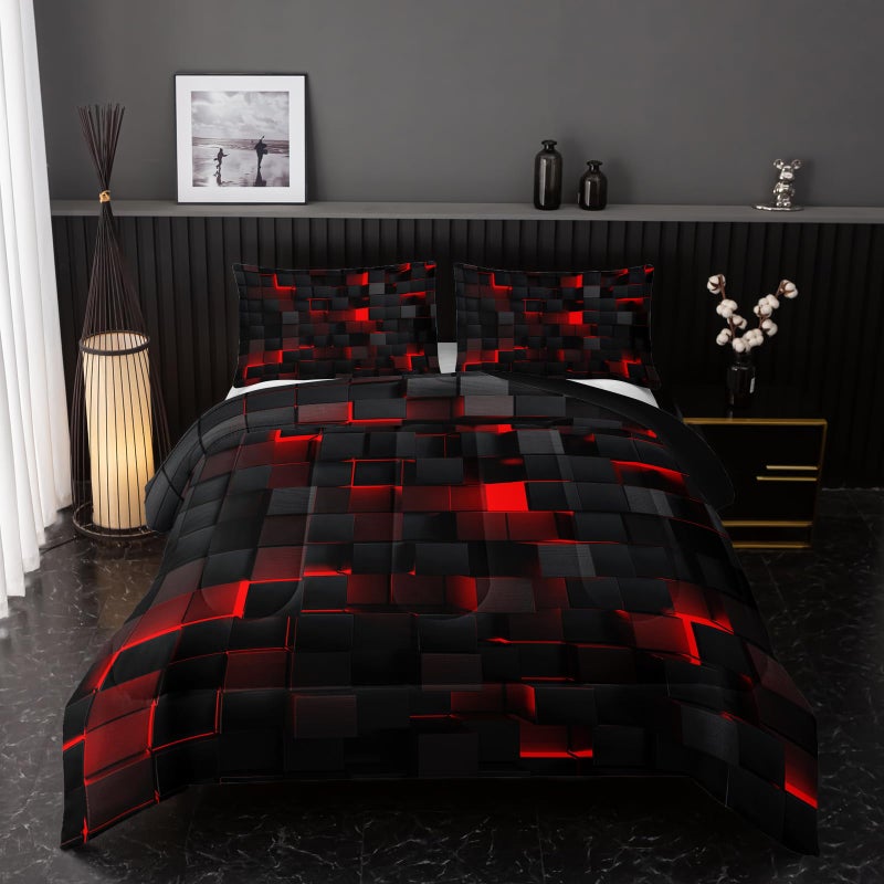 Nttopship Neon Red Black Comforter Set Full Geometric Kids Bedding Set,3 PCS Geometry Honeycomb Bed Set Modern Quilt Set 1 Comforter 2 Pillow Cases Cool Room Decor All Season B-Side Black - Image 1