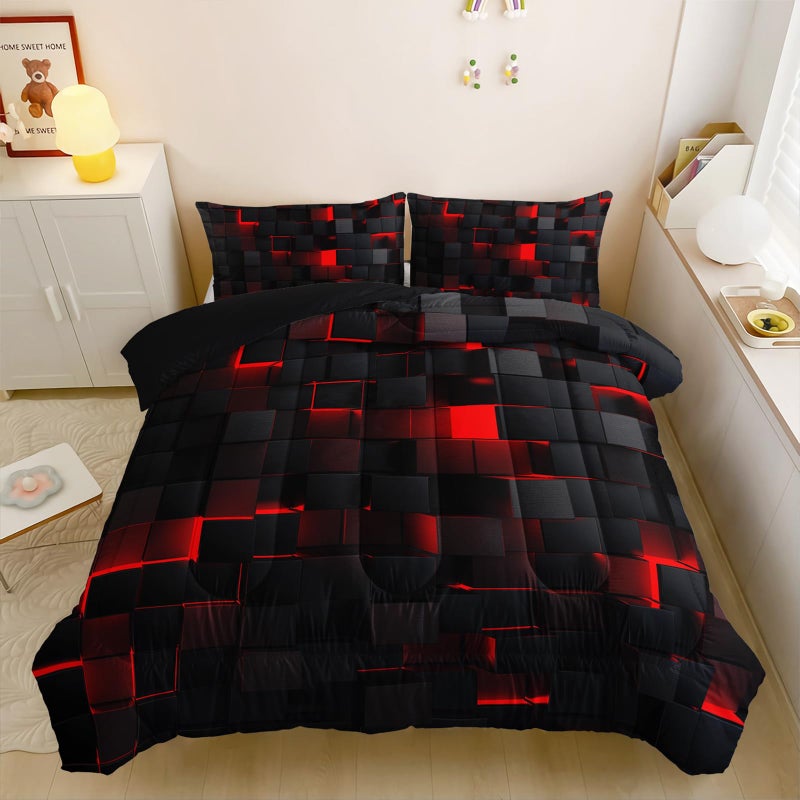 Nttopship Neon Red Black Comforter Set Full Geometric Kids Bedding Set,3 PCS Geometry Honeycomb Bed Set Modern Quilt Set 1 Comforter 2 Pillow Cases Cool Room Decor All Season B-Side Black - Image 3