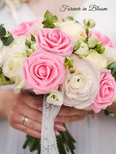 MACTING Pink Artificial Flower Roses 60PCS Real Touch Fake Flowers with Stem Foam Roses for DIY Wedding Bouquet Table Centerpieces Party Bridal Shower Birthday Home Spring Valentines Day Decorations - Image 4