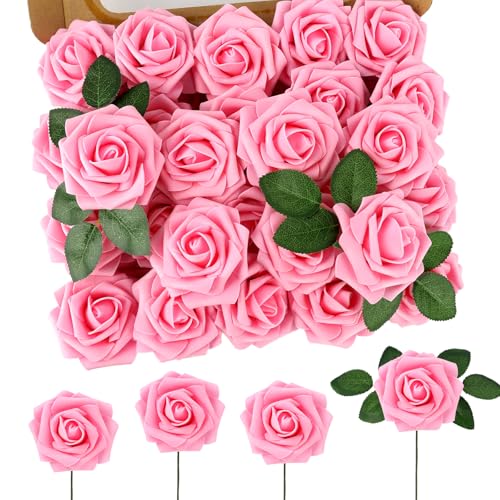 MACTING Pink Artificial Flower Roses 60PCS Real Touch Fake Flowers with Stem Foam Roses for DIY Wedding Bouquet Table Centerpieces Party Bridal Shower Birthday Home Spring Valentines Day Decorations - Image 1