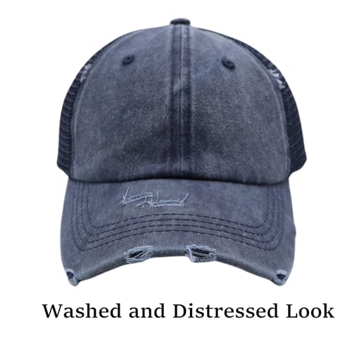 ProMindFun Womens Ponytail High Messy Bun Hats Distressed Baseball Caps Unconstructed Washed Dad Hat Girls Trucker Ponycaps (06-Navy Blue) - Image 2