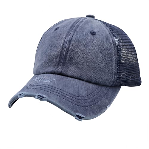ProMindFun Womens Ponytail High Messy Bun Hats Distressed Baseball Caps Unconstructed Washed Dad Hat Girls Trucker Ponycaps (06-Navy Blue) - Image 4