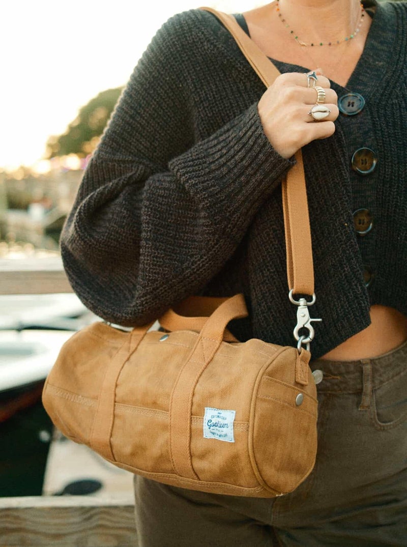 GOOTIUM Compact Crossbody Bag â€“ Canvas Shoulder Bag & Travel Organizer â€“ Vintage Cylinder Style Mini Tote for EDC, Small Barrel Bag for Men & Women, Camel - Image 3
