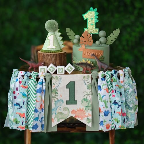 HODIHIWI Dinosaur Theme 1st Highchair Banner Tassel Garland Dino Conical Cap Cake Topper Green First Dinosaur Birthday Decorations - Image 1