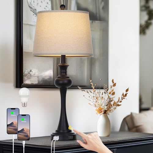 CINSARY 28.75'' Modern Black Metal Table Lamps Living Room Lamp for Nightstand Bedside End Lamp Home Decor Touch Lamp Modern Lamps with USB A+C Ports & Outlets （Bulb Included） - Image 1