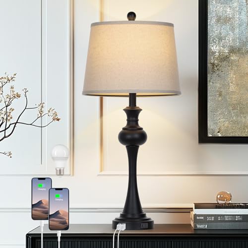 CINSARY 28.75'' Modern Black Metal Table Lamps Living Room Lamp for Nightstand Bedside End Lamp Home Decor Touch Lamp Modern Lamps with USB A+C Ports & Outlets （Bulb Included） - Image 2