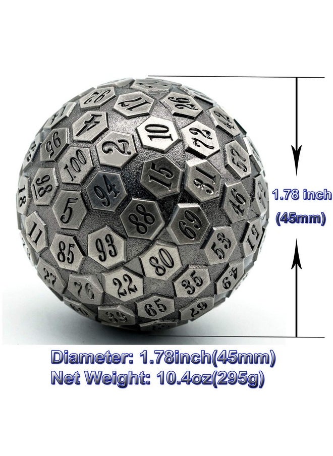 cusdie D100 Dnd Metal Dice, 100 Sided Giant Metal Dice, Single D100 Polyhedral Dice With Gift Box For Rpgs (Ancient Silver)  - Image 2
