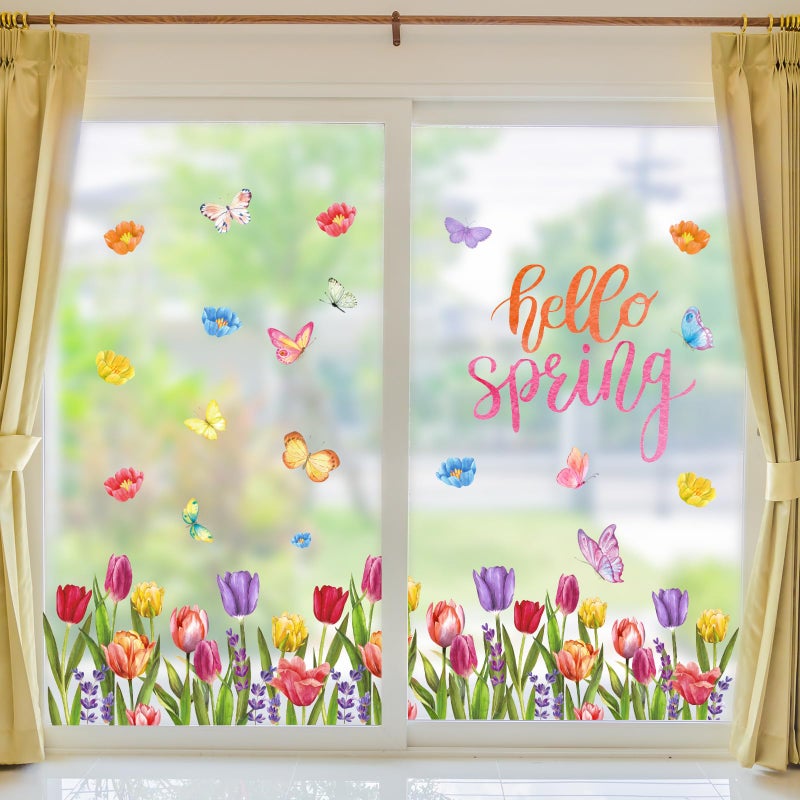 Whaline 6 Sheets Hello Spring Window Clings Colorful Tulip Flowers Butterfly Window Decals Double-Sided Seasonal Floral Window Decor for Shop Office School Decor Party Supplies - Image 4