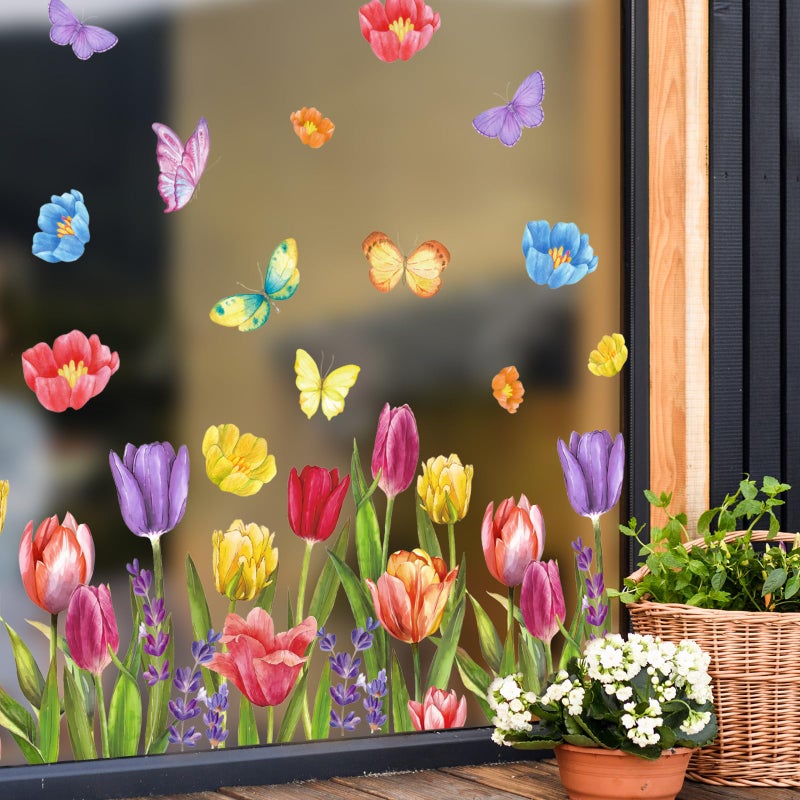 Whaline 6 Sheets Hello Spring Window Clings Colorful Tulip Flowers Butterfly Window Decals Double-Sided Seasonal Floral Window Decor for Shop Office School Decor Party Supplies - Image 3