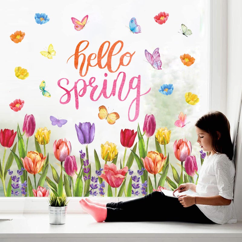 Whaline 6 Sheets Hello Spring Window Clings Colorful Tulip Flowers Butterfly Window Decals Double-Sided Seasonal Floral Window Decor for Shop Office School Decor Party Supplies - Image 1