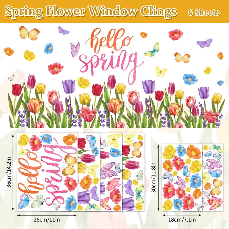 Whaline 6 Sheets Hello Spring Window Clings Colorful Tulip Flowers Butterfly Window Decals Double-Sided Seasonal Floral Window Decor for Shop Office School Decor Party Supplies - Image 5