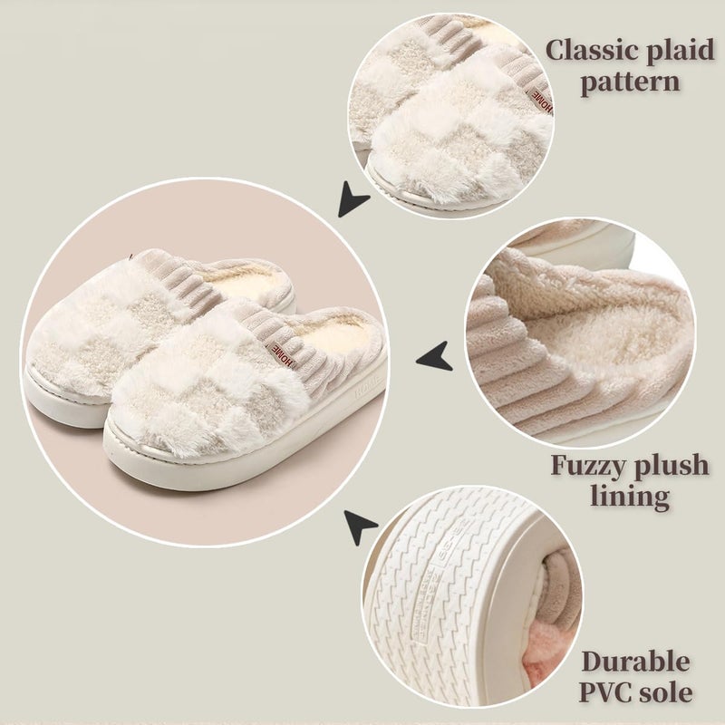 VTTDB Checkered Slipper House Slippers for Women Men Plush Warm Fuzzy Slippers Flyffy Bedroom Shoes Indoor Slip On (5.5-6.5 Women/5-6 Men,Beige,Numeric Range,Medium,5.5,6.5) - Image 4