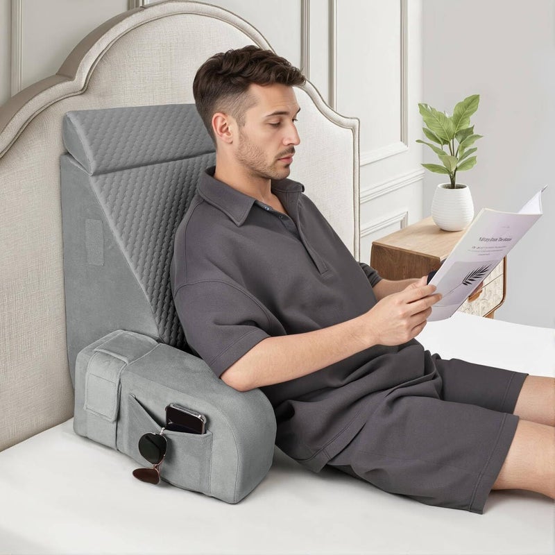BEYOUDO Reading Pillow for Sitting in Bed Adult, Back Pillow for Bed Sitting up, Reading & Bed Rest Pillows for Watching (Gray/Gray) - Image 1