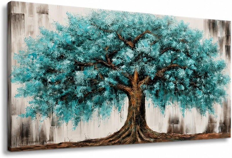 ARS Graphics ARS® Canvas Wall Art 40 X 70 CM Teal Blue Tree of Life Painting Modern Textured Blossom Tree Artwork - Image 1