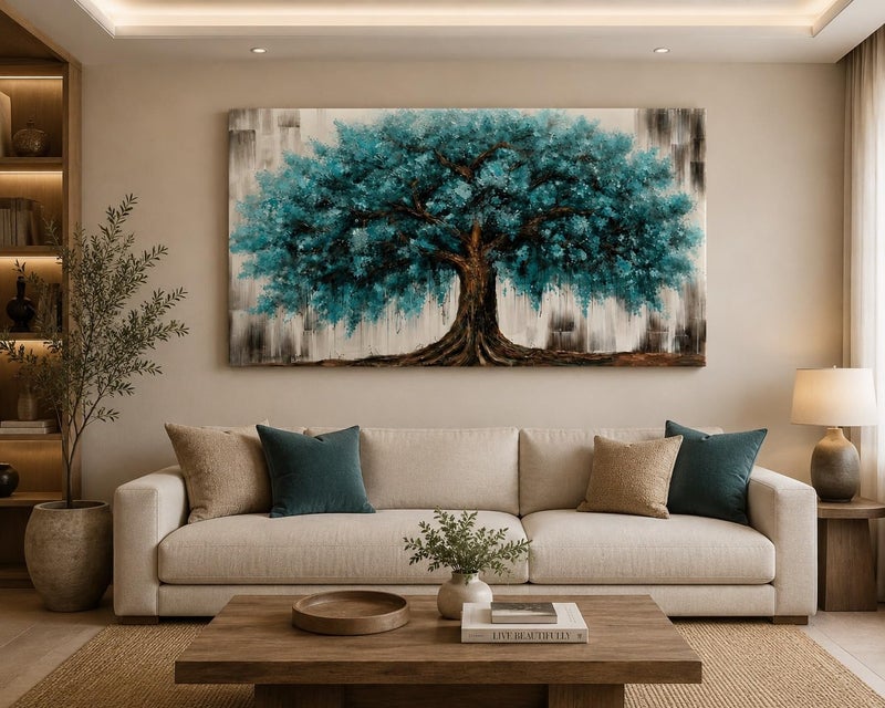 ARS Graphics ARS® Canvas Wall Art 40 X 70 CM Teal Blue Tree of Life Painting Modern Textured Blossom Tree Artwork - Image 2