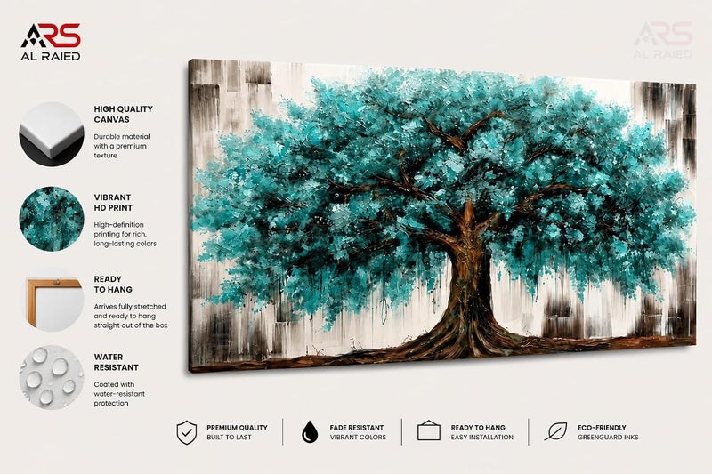 ARS Graphics ARS® Canvas Wall Art 40 X 70 CM Teal Blue Tree of Life Painting Modern Textured Blossom Tree Artwork - Image 3